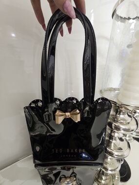 Ted Baker Black Patent Shoulder Bag with Gold Bow